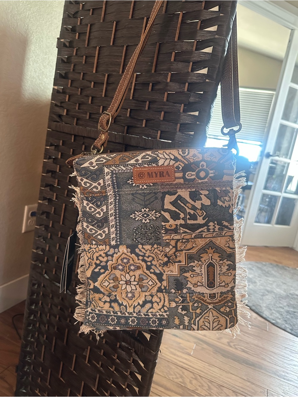 Myra Bag Blue and Tan Patchwork Crossbody Bag